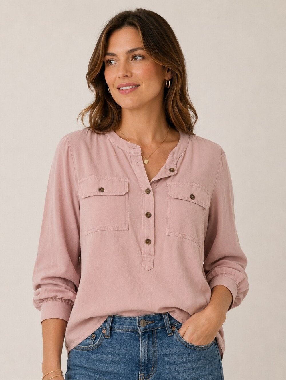 🌸✨ Loft Dusty Pink Button-Front Utility Blouse / Button Front Pocket Shirt MED